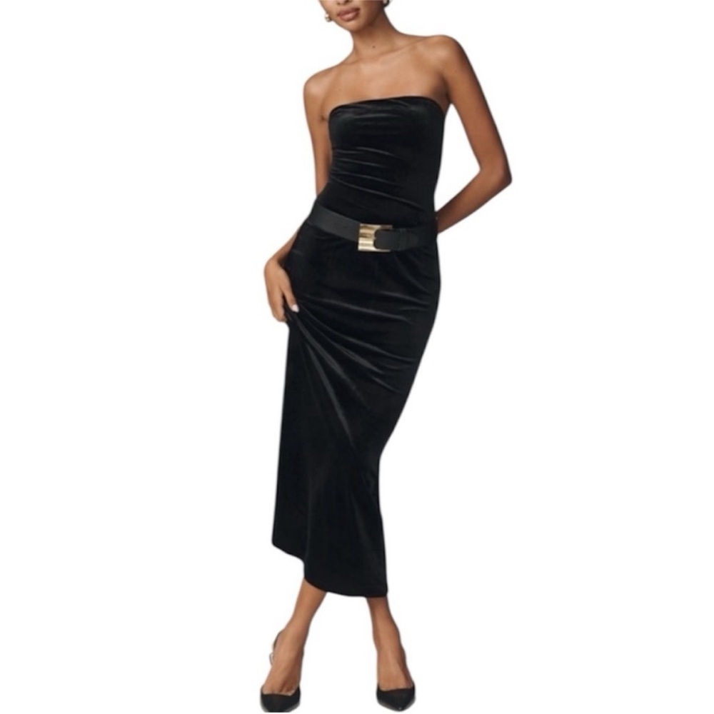 Anthropologie Black Velvet Strapless Midi Dress | Size S | Holiday Party